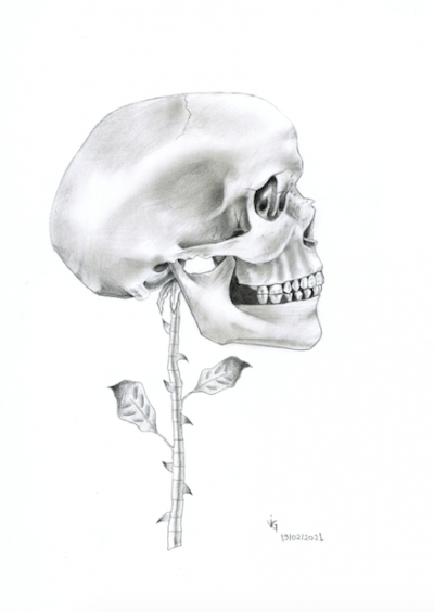 A exposição composta por oito obras, contendo crânios em perfil e caules de rosas no lugar das vértebras