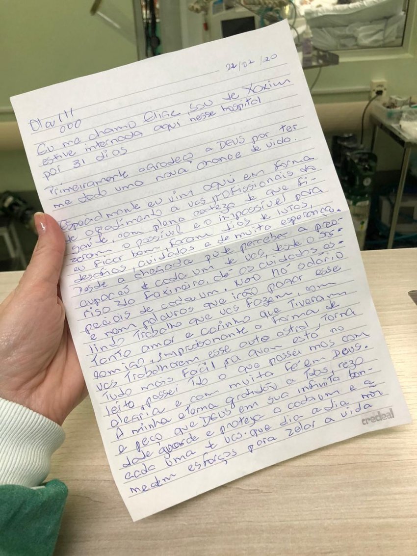 Moradora de Xaxim agradeceu, em carta, após ficar 31 dias internada no HRSP