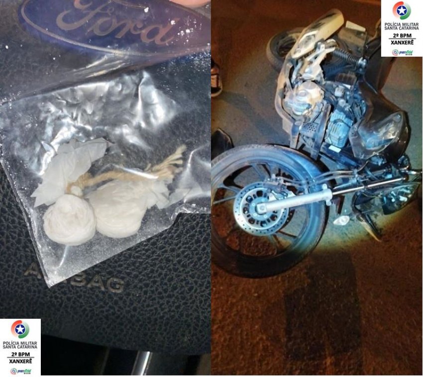 No acidente, os policiais militares encontram uma quantidade de cocaína na caixa de entregas da moto