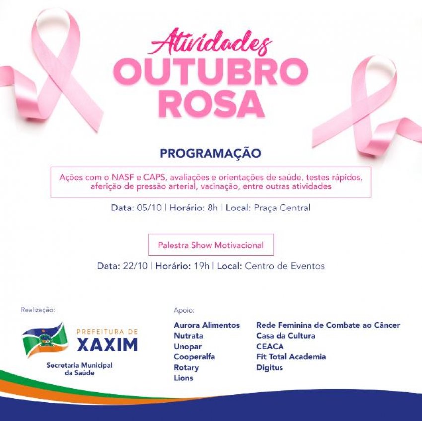 Evento com ações de prevenção ao câncer de mama acontece neste sábado (05)