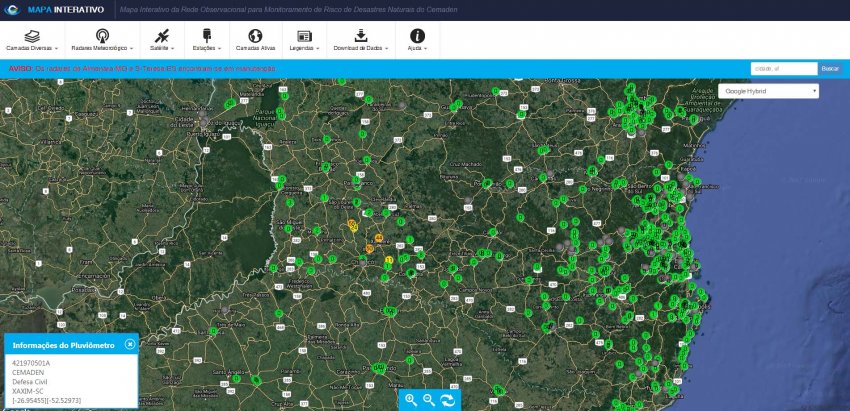 Mapa Interativo da Rede Observacional para Monitoramento de Risco de Desastres Naturais do Cemaden aponta Xaxim com 50mm de acúmulo de chuva (Foto: Reprodução/Cemaden)