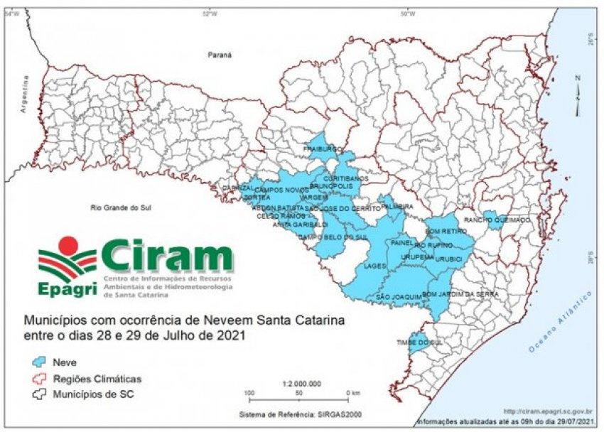 Mapa criado pela Epagri/Ciram apontando municípios com registro de neve em SC entre os dias 28 e 29 de julho de 2021