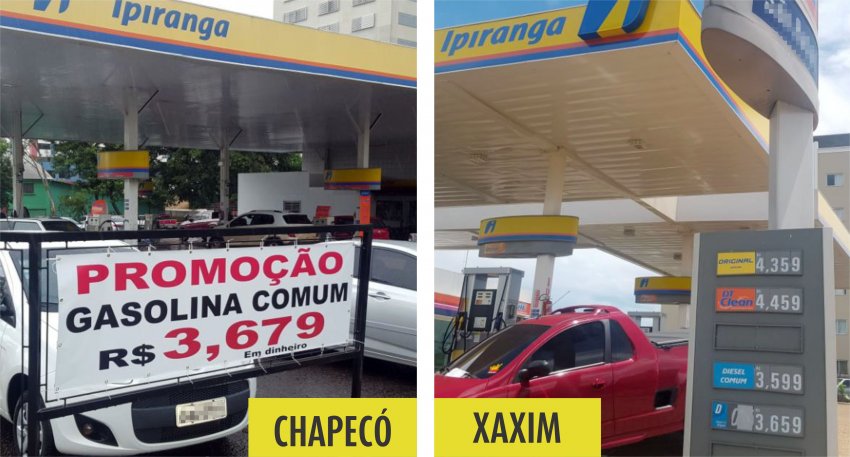 À esquerda preço da gasolina comum em Chapecó e à direita o valor do combustível em Xaxim (Foto: LÊ NOTÍCIAS)